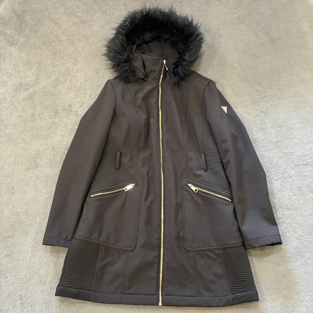 Guess Black Softshell Full Zip Parka Coat Mid Length Hooded Winter Womens Size L